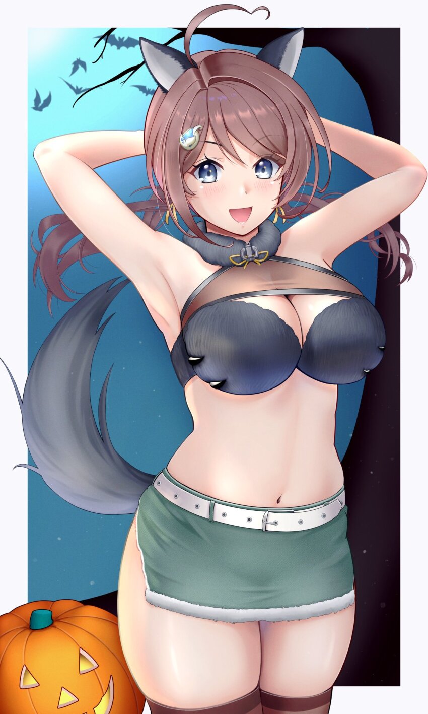 1girl, ahoge, animal_ears, arms_behind_head, belt, black_bra, blue_eyes, bra