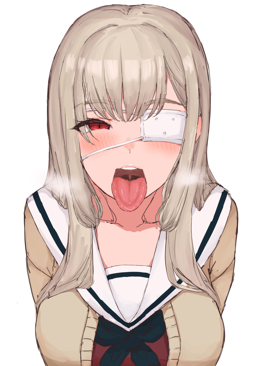 1girl, absurdres, black_neckerchief, blush, breasts, brown_cardigan, brown_hair, cardigan, eyepatch, furen_e_lustario, furen_e_lustario_(school_uniform), highres, koutate, large_breasts, long_hair, looking_at_viewer, naughty_face, neckerchief, nijisanji, open_cardigan, open_clothes, open_mouth, oral_invitation, red_eyes, red_serafuku, red_shirt, sailor_collar, school_uniform, seductive_smile, serafuku, shirt, smile, steam, teeth, tongue, tongue_out, upper_body, upper_teeth_only, virtual_youtuber, white_background, white_sailor_collar