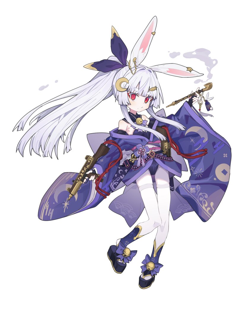 1girl, absurdres, ac8231, animal_ear_fluff, animal_ears, bare_shoulders, black_gloves, blue_kimono