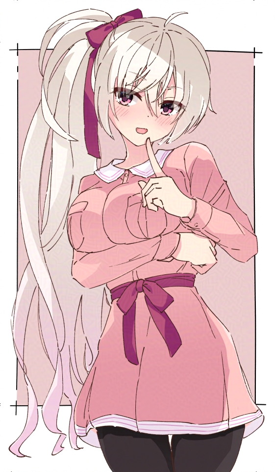 1girl, :d, adversarial_noise, ahoge, akizuki_kanna, arm_under_breasts, black_pantyhose, blush