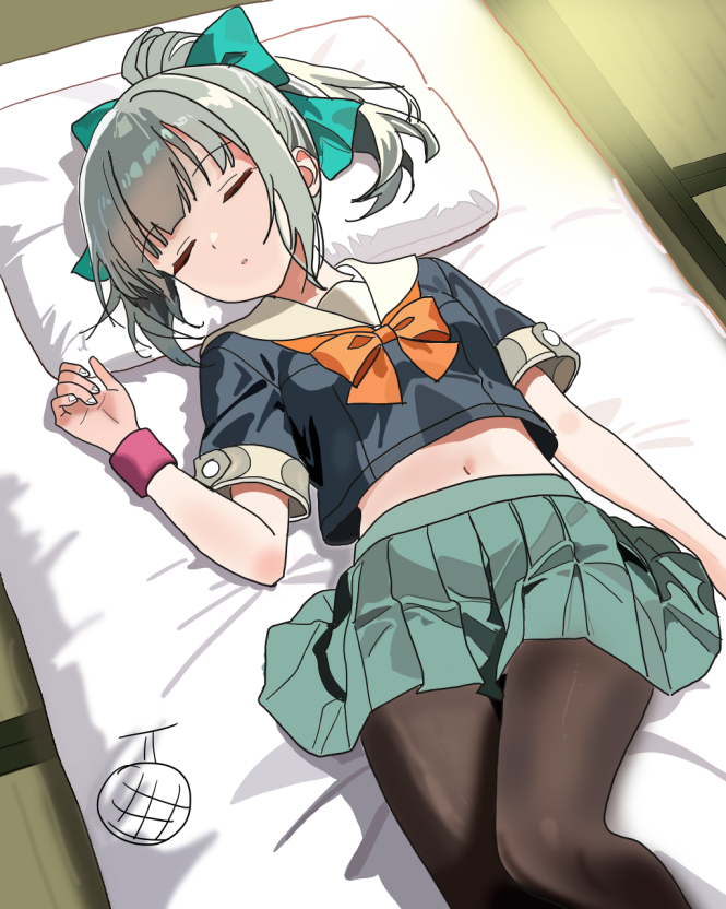 1girl, 2girls, black_pantyhose, bow, bowtie, closed_eyes, feet_out_of_frame, futon, green_skirt, grey_hair, head_only, ise_ebi_to_hyuuga_natsu_mikan, kantai_collection, long_hair, multiple_girls, navel, orange_bow, orange_bowtie, pantyhose, pillow, pink_sweatband, pleated_skirt, ponytail, school_uniform, serafuku, skirt, sleeping, solo, solo_focus, tatami, wristband, yuubari_(kancolle)