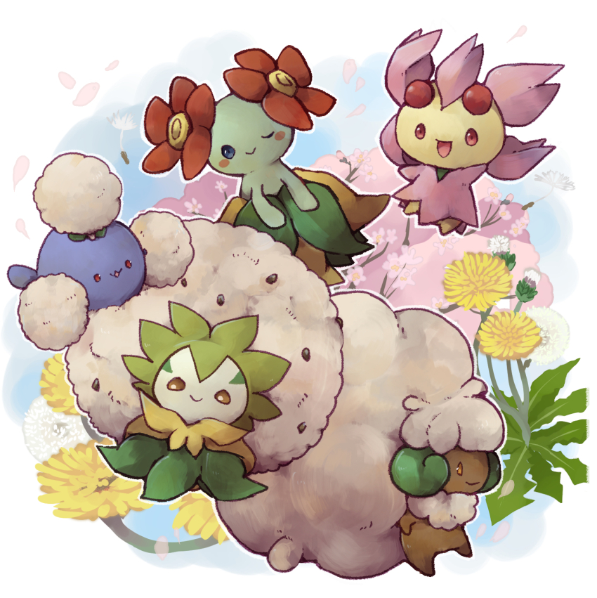 bellossom, blue_eyes, cherrim, cherrim_(sunshine), dandelion, eldegoss, flower, gen_2_pokemon