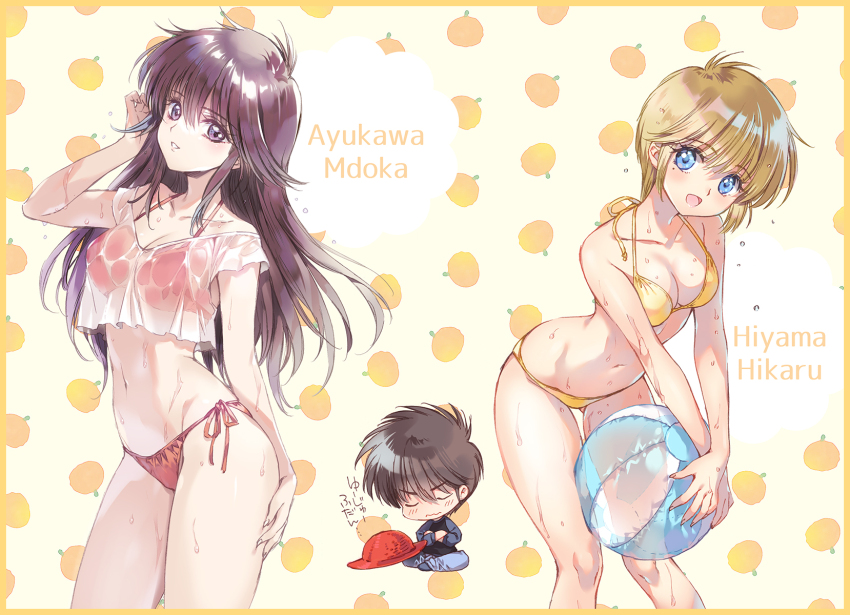 1boy, 2girls, ayukawa_madoka, bikini, black_hair, blonde_hair, blue_eyes, breasts