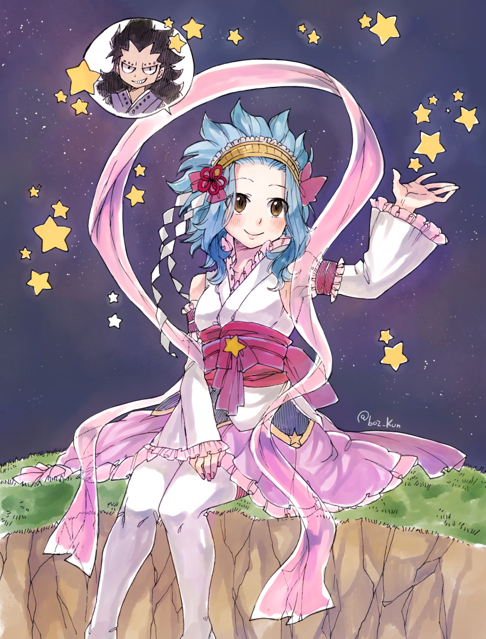 1boy, 1girl, black_hair, blue_hair, blush, brown_eyes, commentary, cosplay