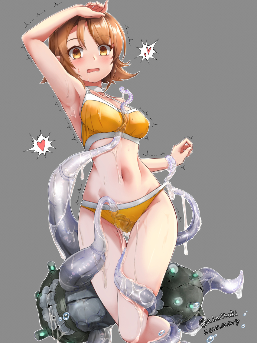 1girl, abyssal_ship, arm_up, armpits, bikini, blush, breasts, brown_eyes