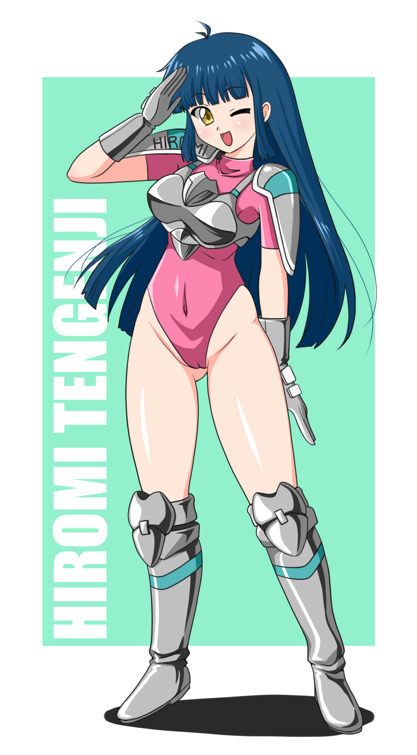 1girl, absurdres, armor, blue_hair, blunt_bangs, boots, breastplate, brown_eyes