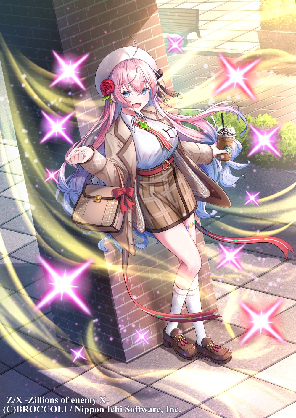 1girl, ahoge, bag, bag_bow, belt, blue_eyes, bow, breasts, brick, brown_bag, brown_jacket, brown_shoes, brown_skirt, copyright_notice, cup, disposable_cup, elbow_carry, flower, frappuccino, gradient_hair, hair_flower, hair_ornament, handbag, hat, highres, holding, holding_cup, jacket, kamiyugi_sakura, large_breasts, long_hair, multicolored_hair, nishiuji, official_art, open_mouth, outdoors, pink_hair, purple_hair, red_belt, red_bow, shirt, shoes, skirt, socks, solo, sparkle, standing, white_hat, white_shirt, white_socks, z/x