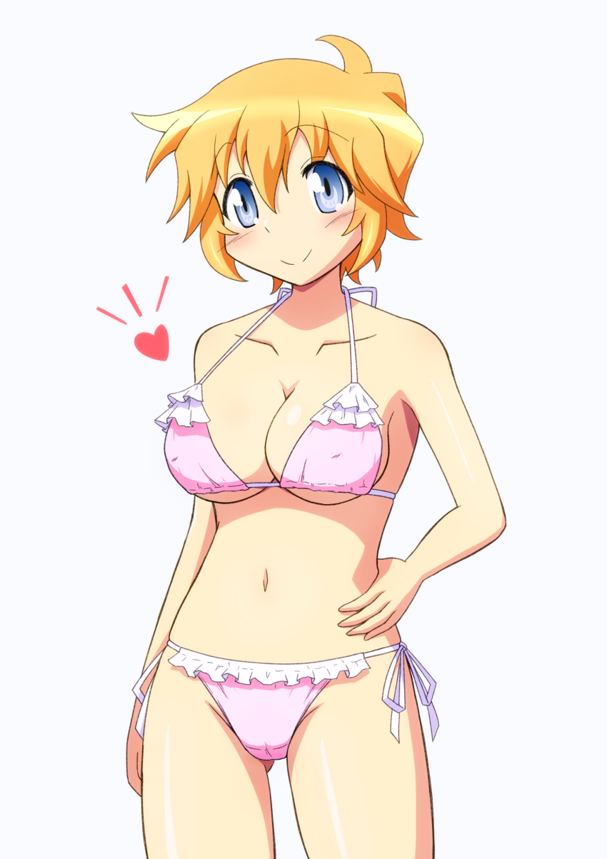 1girl, bikini, blonde_hair, blue_eyes, blush, breasts, frilled_bikini, frills