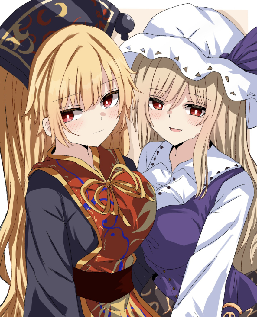 2girls, amakaze16, black_dress, blonde_hair, breasts, commentary_request, dalachi_(headdress), dress