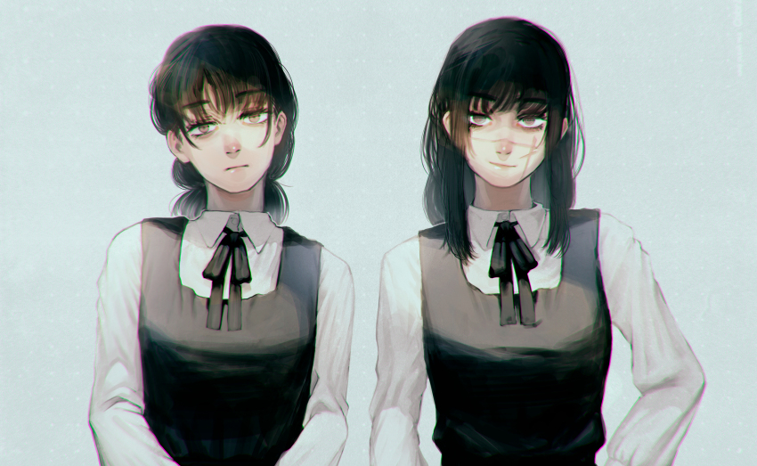 2girls, black_dress, black_hair, black_ribbon, chainsaw_man, commentary, cross_scar, dress