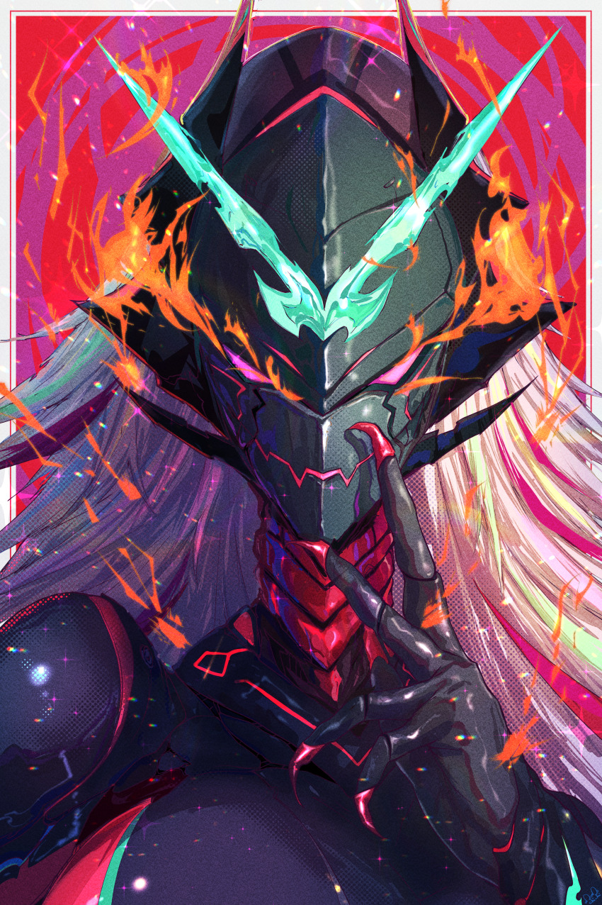 1girl, absurdres, bodysuit, border, breasts, commentary_request, fire, highres, indie_virtual_youtuber, large_breasts, long_hair, mask, momoyama_tits, partial_commentary, red_claws, solo, virtual_youtuber, white_border, zentreya, zentreya_(cyber_dragon)