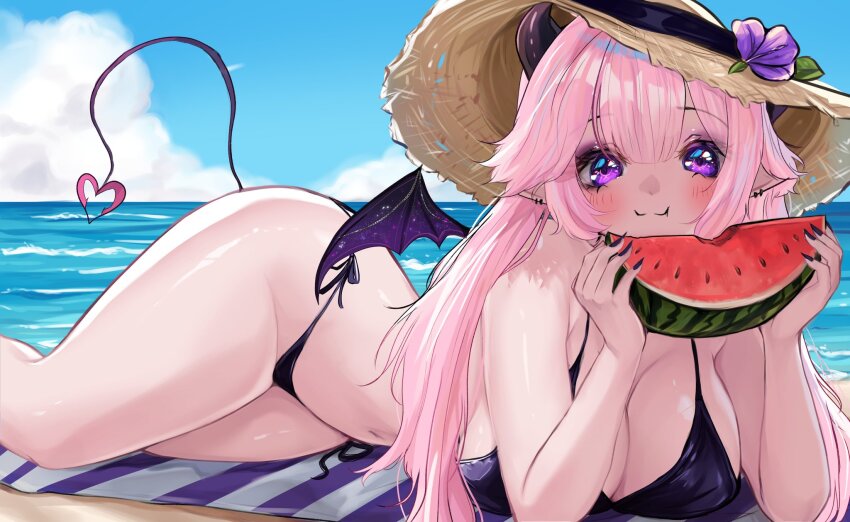 2025, :3, angstowo, beach, bikini, black_bikini, black_nails, black_wings, blanket, blush, breasts, closed_mouth, demon_tail, demon_wings, food, fruit, hat, heart, heart_tail, highres, holding, holding_food, indie_virtual_youtuber, large_breasts, lying, lykamie, on_side, pink_hair, prone, purple_eyes, smile, solo, sun_hat, swimsuit, tail, water, watermelon, wings