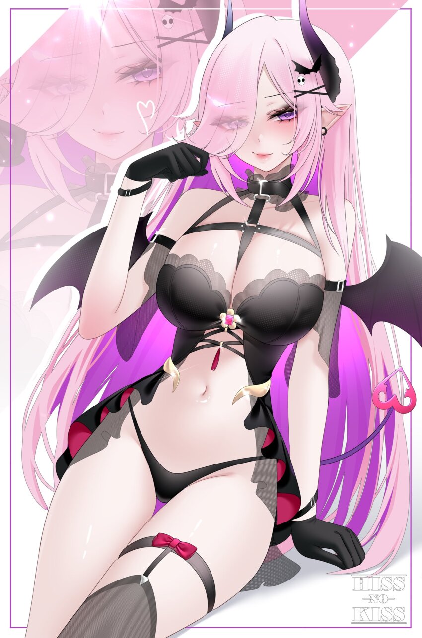 1girl, 2025, artist_name, belly, bikini, black_bikini, black_gloves, demon_girl, demon_tail, gloves, heart, heart_tail, highres, hissnokiss, indie_virtual_youtuber, lykamie, pink_hair, pointy_ears, purple_eyes, sitting, swimsuit, tail, vampire, white_background