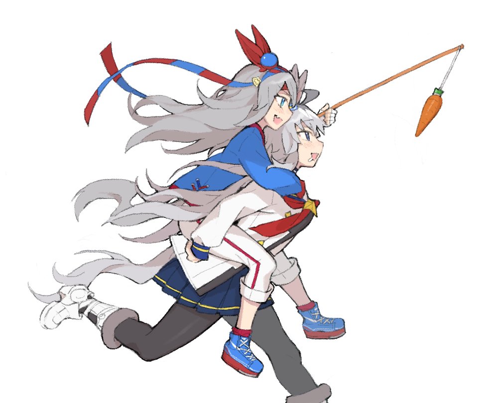 2girls, ahoge, animal_ears, arms_around_neck, bait, blue_eyes, blue_hairband, blue_jacket, blue_sailor_collar, blue_skirt, blush, brooch, carrot, carrot_on_stick, carrying, carrying_person, commonmae, drooling, ear_covers, ear_ornament, fang, fingerless_gloves, fishing_rod, gloves, grey_hair, grey_tail, hair_between_eyes, hair_ornament, hairband, hanging_food, headband, holding, holding_stick, horse_ears, horse_girl, horse_tail, jacket, jewelry, long_hair, long_sleeves, multicolored_hair, multiple_girls, neckerchief, oguri_cap_(starlight_beat)_(umamusume), oguri_cap_(umamusume), open_mouth, pants, pantyhose, piggyback, pleated_skirt, red_headband, red_neckerchief, sailor_collar, saliva, shirt, shoes, simple_background, skirt, smile, star_brooch, stick, striped_clothes, striped_hairband, tail, tamamo_cross_(umamusume), tamamo_cross_(fast_as_lightning)_(umamusume), umamusume, umamusume:_cinderella_gray, very_long_hair, white_background, white_jacket, white_pants, white_shirt