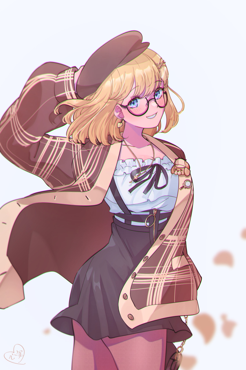 1girl, absurdres, arm_up, bag, black-framed_eyewear, black_skirt, blonde_hair, blue_eyes
