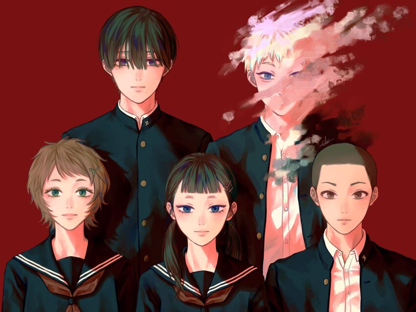 2girls, 3boys, black_hair, blue_eyes, brown_eyes, buttons, closed_mouth, gakuran, green_eyes, griffithjo52136, highres, hikaru_ga_shinda_natsu, indou_hikaru, looking_at_viewer, maki_yuuta, mole, mole_on_cheek, mole_on_neck, mole_under_eye, mole_under_mouth, multiple_boys, multiple_girls, multiple_moles, red_background, school_uniform, shirt, short_hair, tadokoro_yuuki, tsujinaka_yoshiki, upper_body, very_short_hair, white_hair, white_shirt, yamagishi_asako