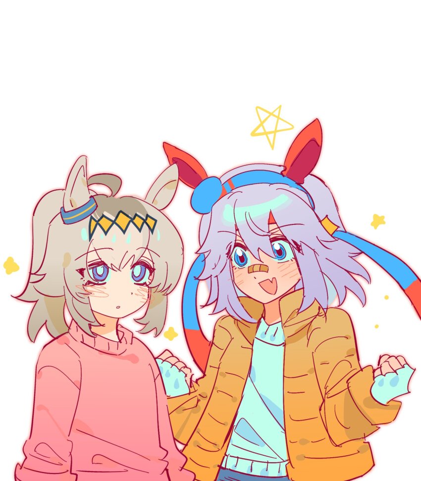 2girls, ahoge, animal_ears, blue_eyes, blue_hairband, blush, coat, ear_covers