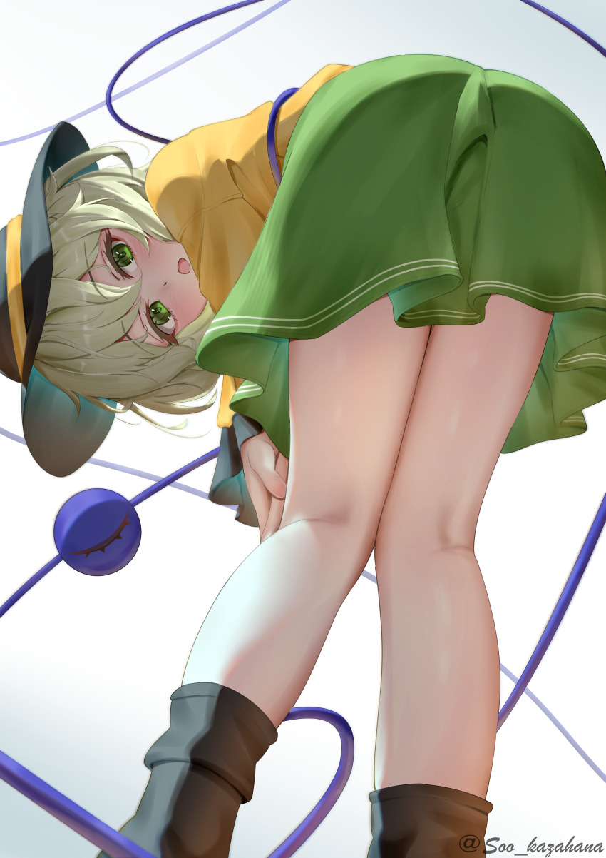 1girl, absurdres, ass, black_hat, blush, commentary, eyeball, frilled_sleeves