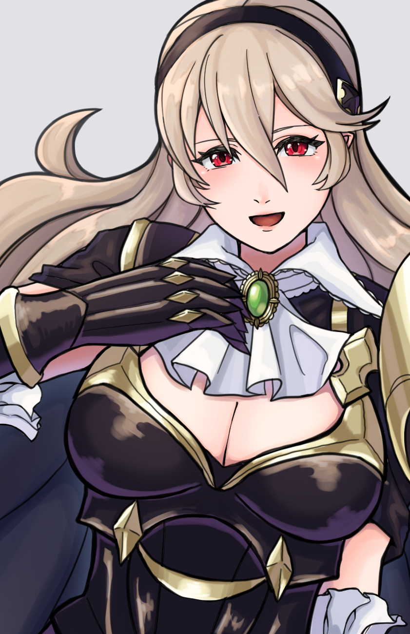 1girl, armor, armored_leotard, black_armor, black_hairband, breasts, cleavage, female_corrin_(fire_emblem), female_corrin_(nohr_noble)_(fire_emblem), fire_emblem, fire_emblem_fates, fire_emblem_heroes, gloves, grey_hair, hair_between_eyes, hairband, hand_on_own_chest, highres, large_breasts, leotard, long_hair, looking_at_viewer, nintendo, official_alternate_costume, pointy_ears, red_eyes, smile, solo, toeless_legwear, torn_clothes, torn_leotard, upper_body, yuki12046
