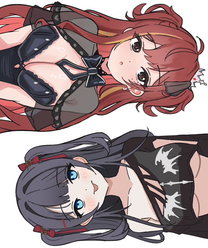 2girls, :o, :p, absurdres, ahoge, akane_lize, armpit_crease, black_bow