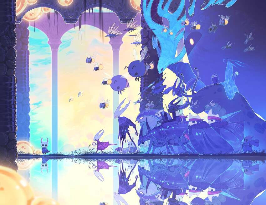 absurdres, aluba_(hollow_knight), arthropod_boy, arthropod_girl, aspid_hatchling_(hollow_knight), aspid_hunter_(hollow_knight), bee, bluequills, bug, building, cloak, cloth_(hollow_knight), commentary, elder_baldur_(hollow_knight), english_commentary, everbloom_(hollow_knight), flying, full_body, grass, grey_cloak, grey_mourner_(hollow_knight), gruzzer_(hollow_knight), headband, highres, hive_guardian_(hollow_knight), holding, holding_weapon, hollow_eyes, hollow_knight, hollow_knight_(character), horned_mask, hornet_(hollow_knight), horns, insect, knight_(hollow_knight), lake, mantis_lord_(hollow_knight), mask, mato_(hollow_knight), menderbug_(hollow_knight), nail_(hollow_knight), on_creature, oro_(hollow_knight), pale_king_(hollow_knight), primal_aspid_(hollow_knight), quirrel, radiance_(hollow_knight), red_cloak, red_headband, reflection, reflective_liquid, sheo_(hollow_knight), size_difference, slug, standing, the_last_stag, unn_(hollow_knight), vengefly_(hollow_knight), water, weapon, white_lady_(hollow_knight), white_mask, zote
