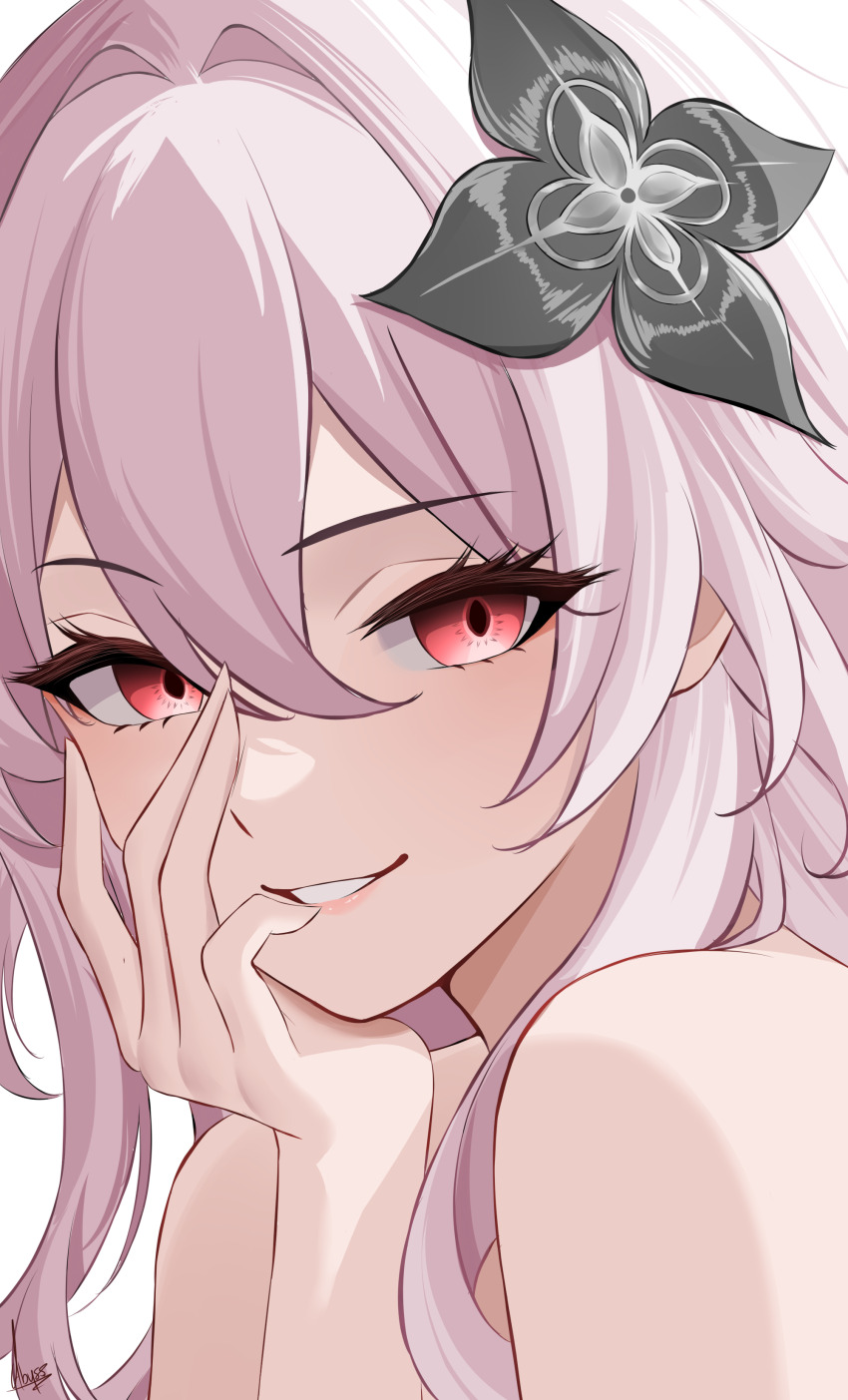 1girl, absurdres, abysssian, commentary, evernight_(honkai:_star_rail), grin, hair_between_eyes, hair_intakes