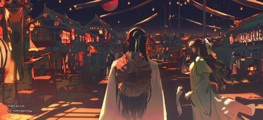 1boy, 1girl, architecture, brown_hair, chinese_clothes, city, cityscape, earrings