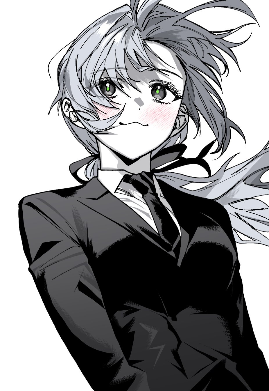 1girl, black_eyes, black_necktie, blush, collared_shirt, floating_hair, formal_clothes, green_pupils, gwechul, hair_between_eyes, hair_ribbon, highres, jacket, lee_seonghae, limited_palette, long_hair, looking_ahead, low_ponytail, necktie, ponytail, ribbon, shirt, solo, suit, suit_jacket, upper_body, white_background, white_hair, white_shirt