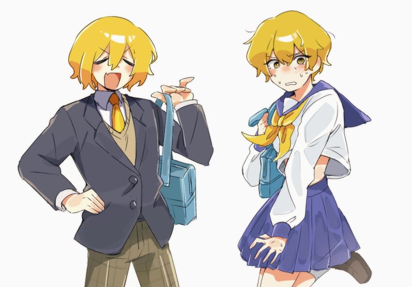 1boy, 1girl, alternate_costume, bag, black_jacket, blazer, blonde_hair, blue_bag, blue_sailor_collar, blue_skirt, blush, brown_pants, brown_vest, checkered_clothes, checkered_pants, closed_eyes, crop_top, crossdressing, crossdressing_(ftm), crossdressing_(mtf), don_quixote_(project_moon), dress_shirt, ear_blush, embarrassed, fang, hair_between_eyes, hand_on_own_hip, holding, holding_bag, jacket, limbus_company, long_sleeves, midriff, neckerchief, necktie, open_mouth, pants, parted_lips, pleated_skirt, project_moon, rnaro_maro, sailor_collar, school_bag, school_uniform, serafuku, shirt, short_hair, simple_background, sinclair_(project_moon), skin_fang, skirt, smile, sweat, v-shaped_eyebrows, vest, white_background, white_shirt, yellow_eyes, yellow_neckerchief, yellow_necktie