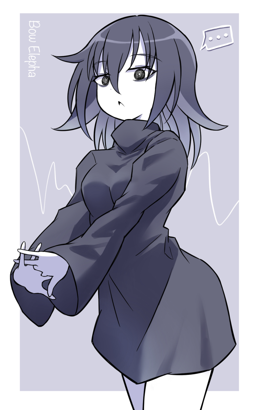 ..., 1girl, :<, @_@, androgynous, bags_under_eyes, black_dress, black_hair, border, borrowed_character, bow_elepha, breasts, cardiogram, colored_skin, commentary_request, cowboy_shot, dress, grey_background, highres, interlocked_fingers, kotoma_(kotoma_hack), long_sleeves, looking_at_viewer, medium_breasts, medium_hair, original, partial_commentary, sleeves_past_wrists, solo, spoken_ellipsis, turtleneck, turtleneck_dress, v_arms, white_border, white_skin