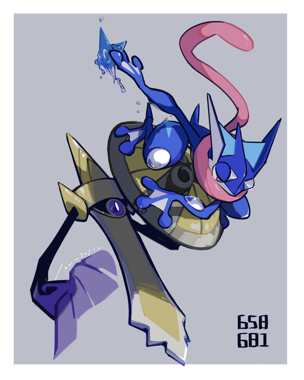 aegislash, animate_object, border, frog, full_body, gen_6_pokemon, greninja, grey_background