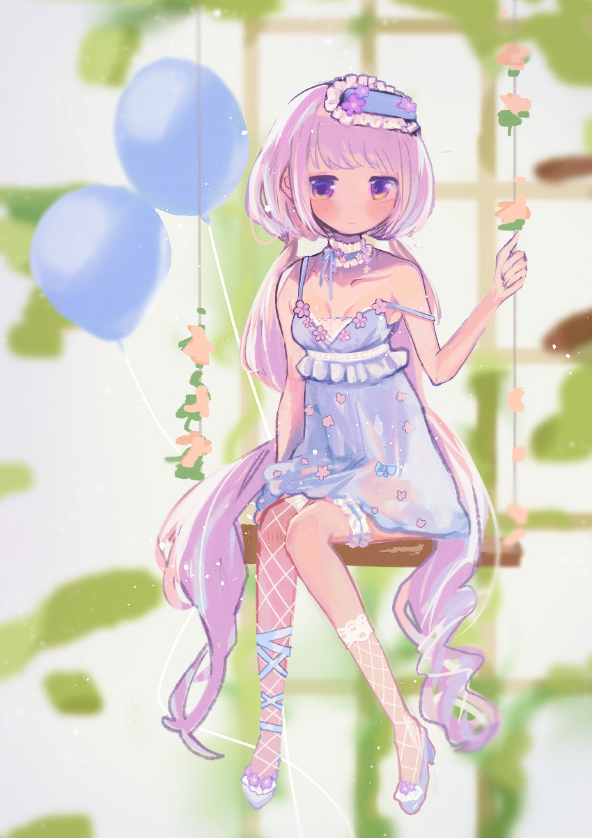 1girl, absurdly_long_hair, absurdres, ankle_ribbon, asymmetrical_legwear, balloon, blue_choker, blue_dress