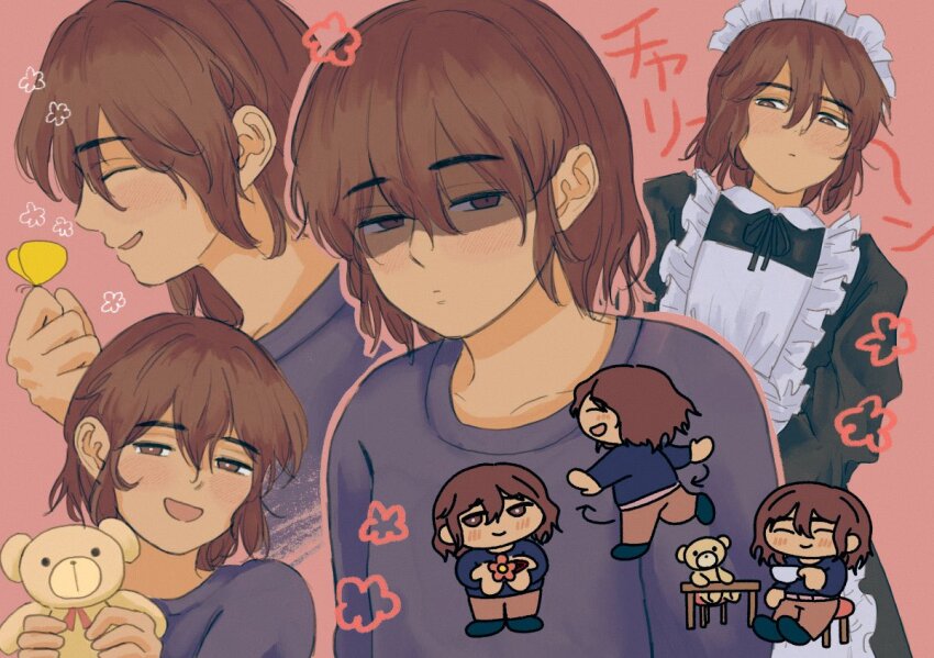 1girl, alternate_costume, arrow_(symbol), blush, bright_pupils, brown_eyes, brown_hair, bug