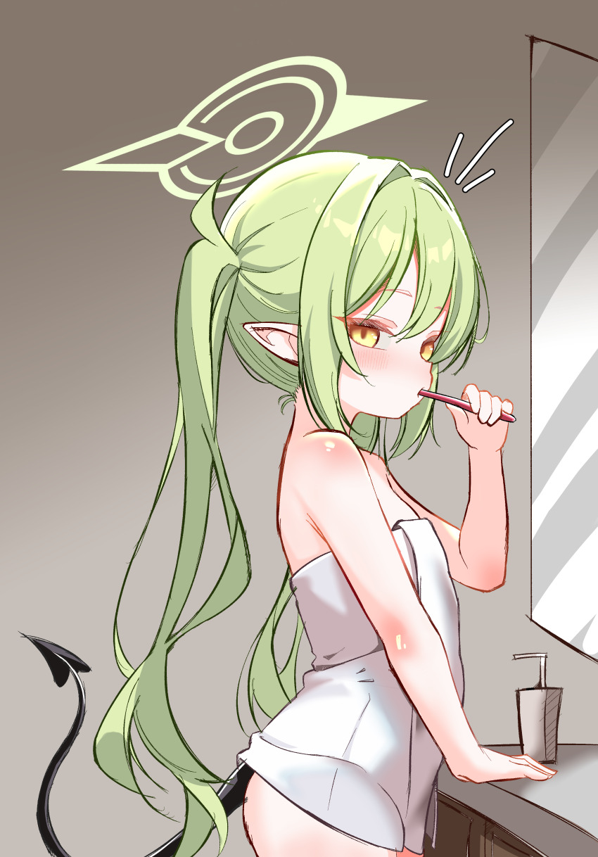 1girl, absurdres, bare_arms, bare_shoulders, blue_archive, blush, brown_background, brushing_teeth