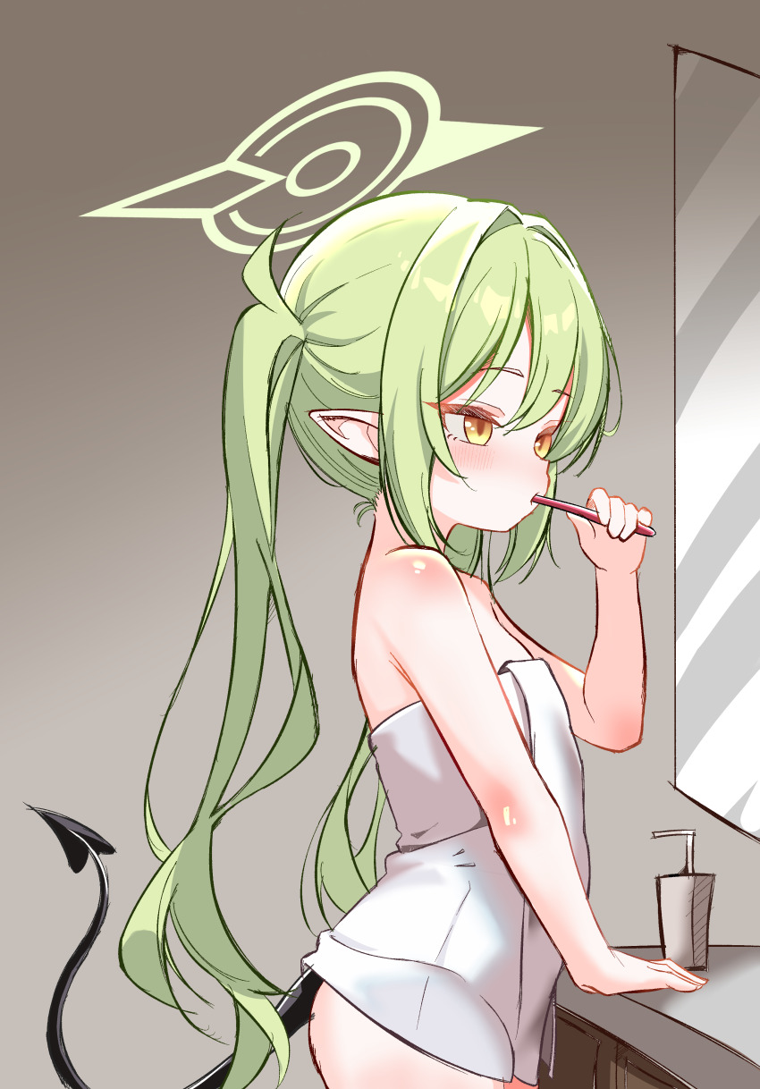 1girl, absurdres, bare_arms, bare_shoulders, blue_archive, blush, brown_background, brushing_teeth