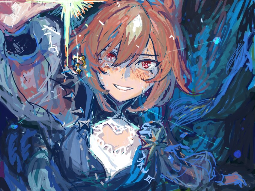 1girl, animal_ears, blue_dress, brown_hair, dress, from_above, hair_between_eyes, highres