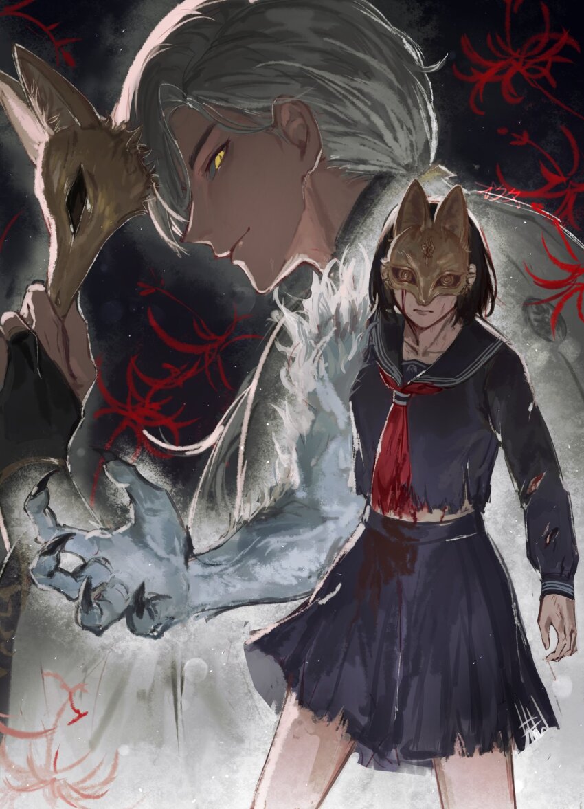 1boy, 1girl, black_serafuku, blood, bloody_tears, claws, flower, fox_hinako