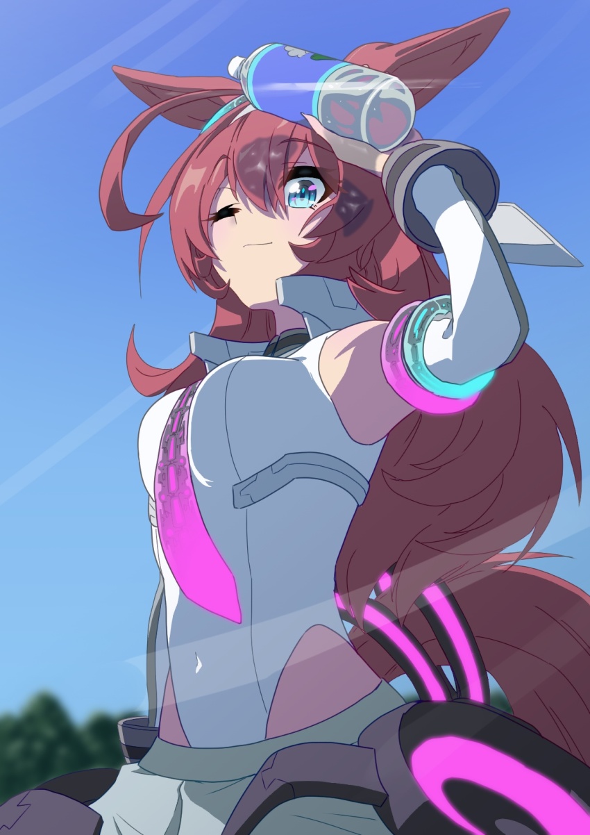 1girl, ahoge, animal_ears, arm_up, bare_shoulders, blue_eyes, blue_sky, blush