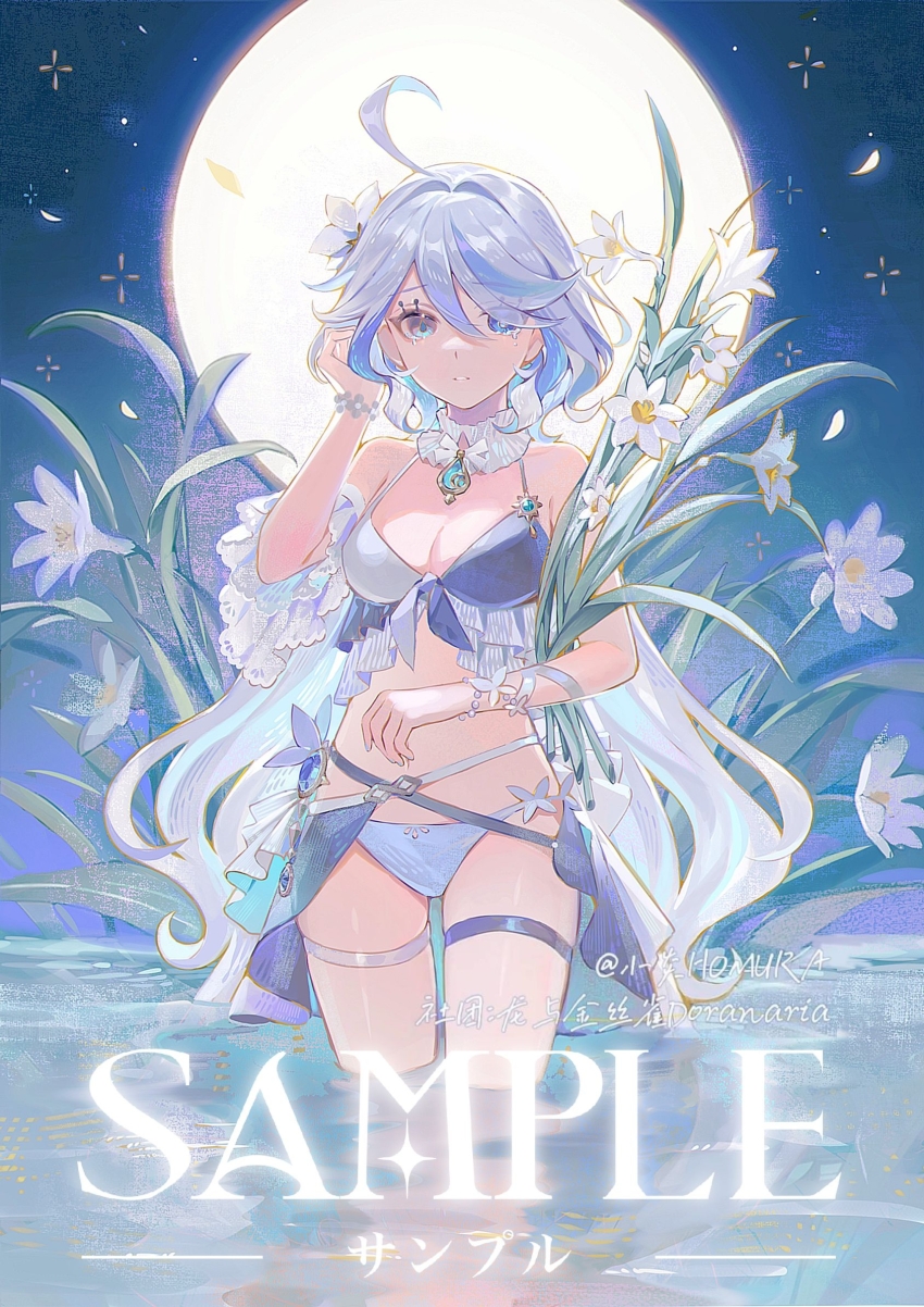 1girl, ahoge, bare_shoulders, bikini, blue_bikini, blue_eyes, blue_hair, blue_nails