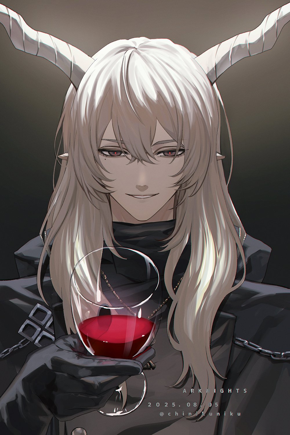 1boy, alcohol, arknights, artist_name, black_background, black_gloves, black_jacket, black_sweater