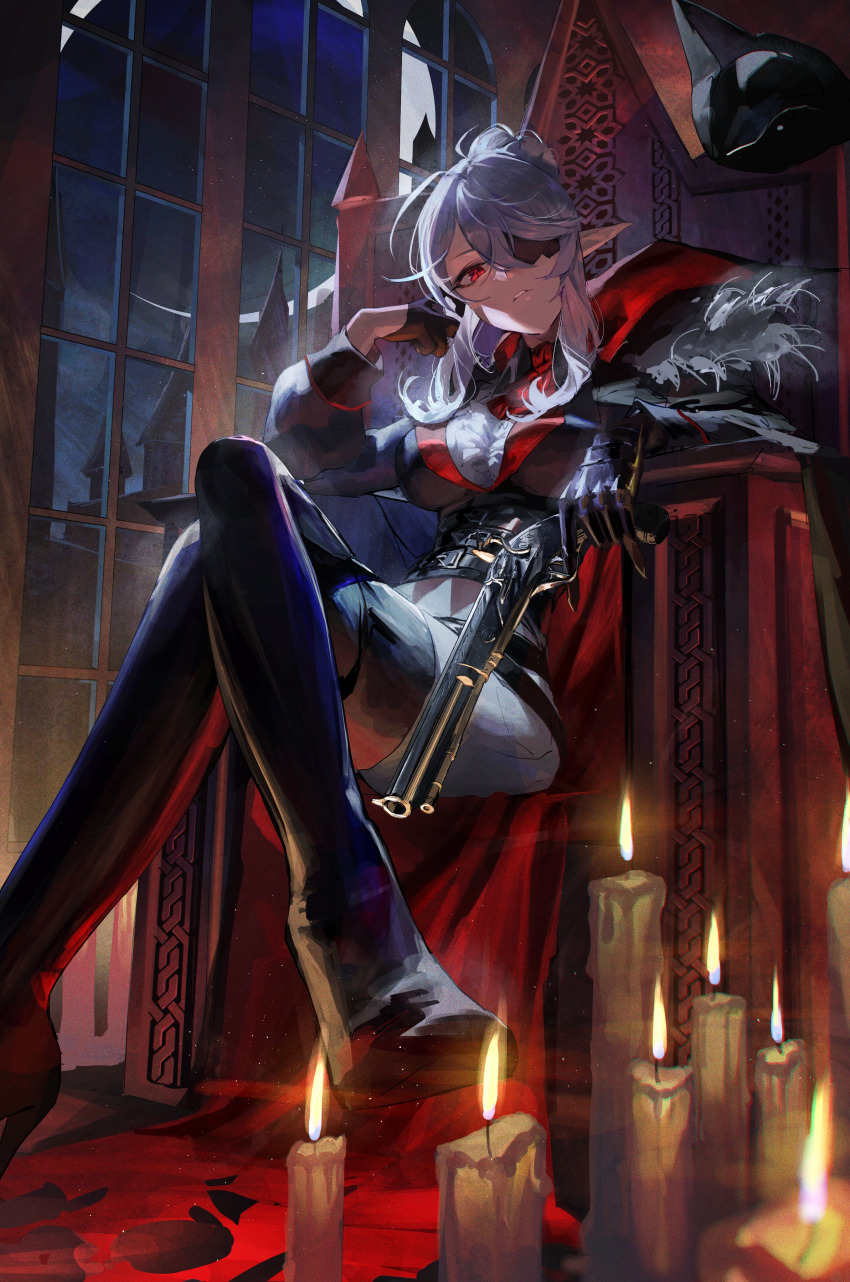 1girl, absurdres, antique_firearm, ascot, black_corset, black_gauntlets, black_gloves, boots, breasts, candle, chair, commentary, corset, crescent_moon, crossed_legs, english_commentary, eyepatch, fire, firearm, general_geega, general_geega_(inquisitor), gloves, grey_pants, gun, half_gloves, hat, highres, holding, holding_gun, holding_weapon, indie_virtual_youtuber, large_breasts, looking_at_viewer, meltyrice, moon, night, pants, parted_lips, pointy_ears, red_ascot, red_eyes, sidelocks, sitting, sky, solo, thigh_boots, tricorne, virtual_youtuber, weapon, window