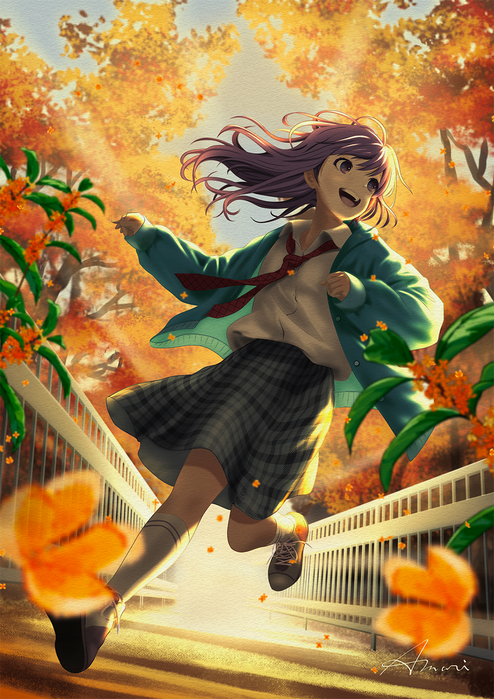 1girl, amari, aqua_cardigan, artist_name, backlighting, blurry, blurry_foreground, cardigan