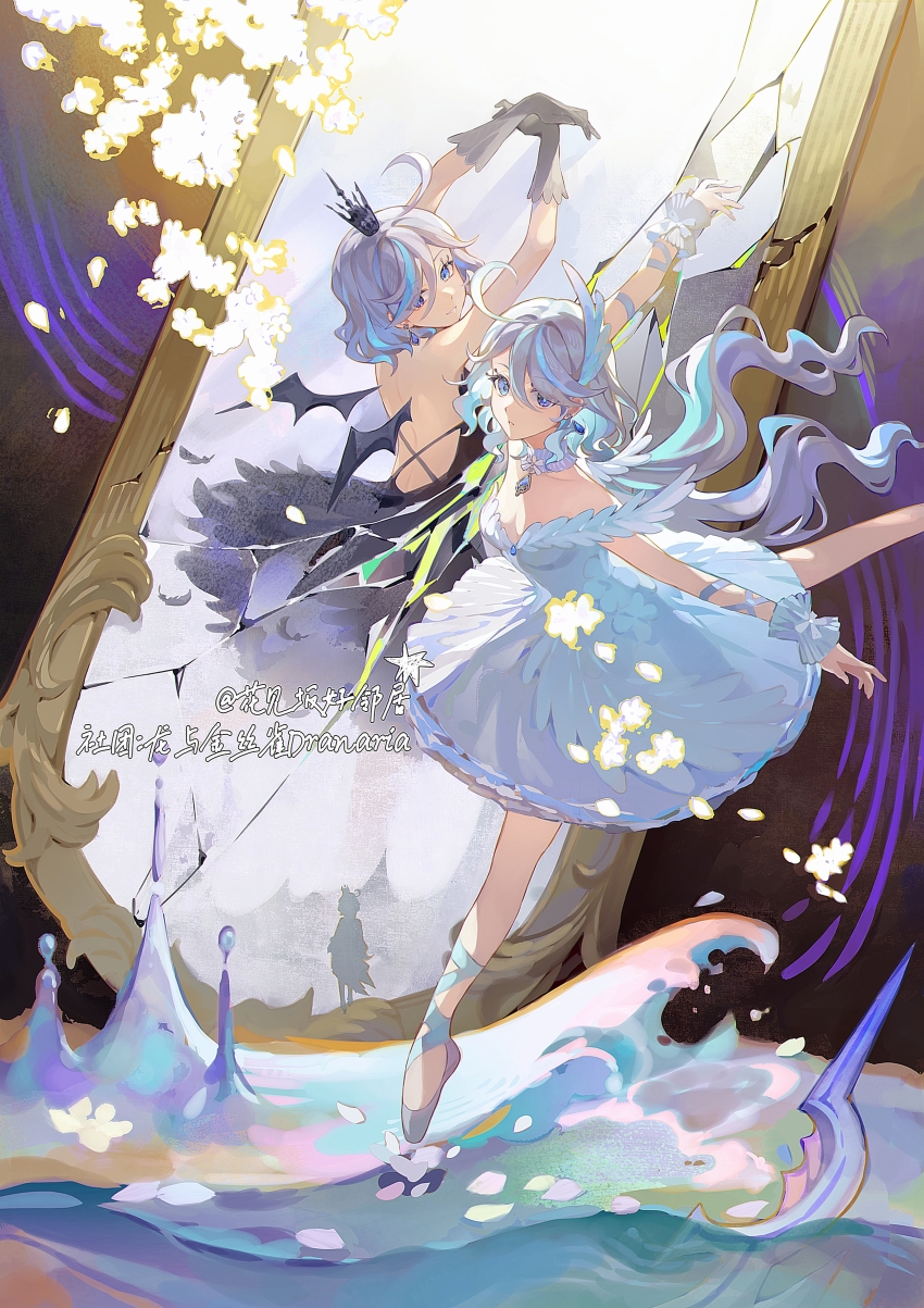 2girls, absurdres, ahoge, arabesque_(pose), arm_up, arms_up, backless_dress, backless_outfit