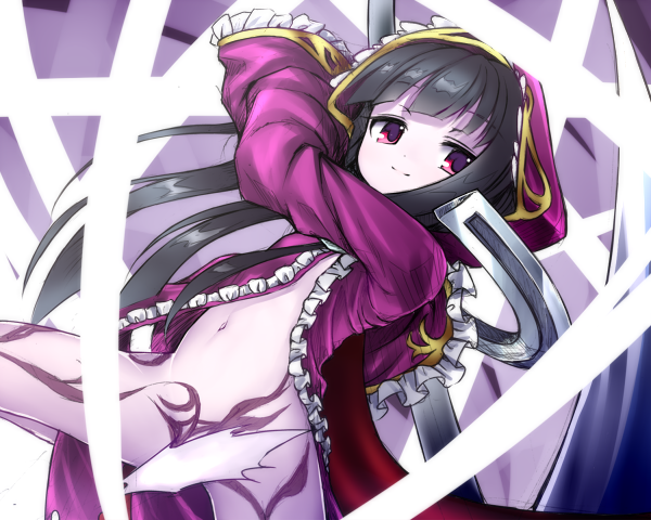 1girl, black_hair, body_markings, breasts, convenient_censoring, death_alma, emil_chronicle_online, holding