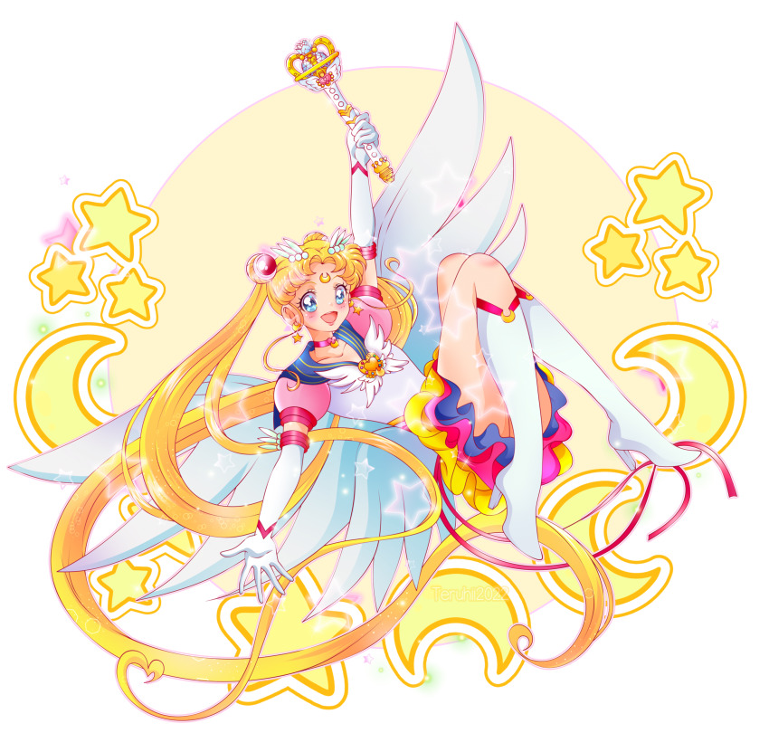 absurdres, bishoujo_senshi_sailor_moon, bishoujo_senshi_sailor_moon_stars, blonde_hair, blue_eyes, blue_sailor_collar, boots, brooch, choker, crescent, crescent_earrings, crescent_facial_mark, double_bun, earrings, elbow_gloves, eternal_moon_article, eternal_sailor_moon, eternal_tiare, facial_mark, forehead_mark, full_body, gloves, hair_bun, hair_ornament, heart, heart_brooch, highres, jewelry, layered_skirt, long_hair, magical_girl, pink_sleeves, puffy_short_sleeves, puffy_sleeves, sailor_collar, sailor_moon, sailor_senshi_uniform, short_sleeves, skirt, star_(symbol), star_earrings, teruhii, tsukino_usagi, twintails, white_boots, white_gloves, wing_brooch, wings