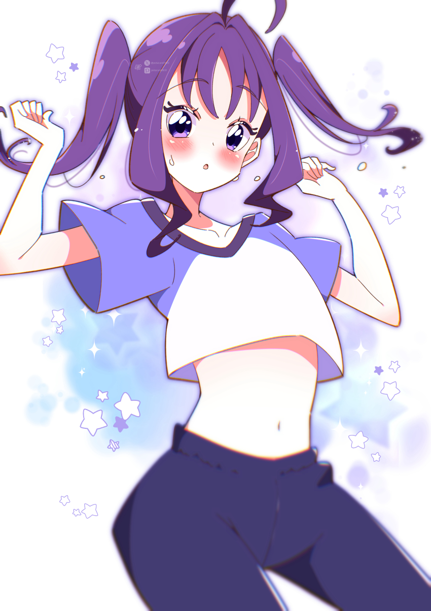 1girl, absurdres, ahoge, blue_background, blush, collarbone, commentary, contrapposto, cowboy_shot, cropped_shirt, flying_sweatdrops, gradient_background, hair_intakes, hands_up, highres, kimi_to_idol_precure, looking_at_viewer, medium_hair, midriff, navel, pants, parted_lips, pixiv_logo, pixiv_username, potacure, precure, purple_background, purple_eyes, purple_hair, purple_pants, purple_shirt, shigure_kokoro, shirt, short_sleeves, solo, star_(symbol), star_symbol_background, stomach, sweat, twintails, twitter_username, twitter_x_logo, white_background