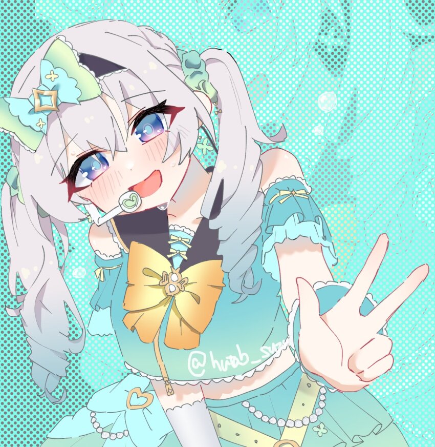 1girl, aqua_shirt, aqua_skirt, black_collar, blush, bow, bowtie, collar, firefly_(honkai:_star_rail), gradient_eyes, gradient_hair, green_pupils, hair_bow, hair_ornament, highres, honkai:_star_rail, honkai_(series), hutaba_suzu, long_hair, multicolored_eyes, multicolored_hair, open_mouth, orange_bow, orange_bowtie, pleated_skirt, polka_dot, polka_dot_background, shirt, skirt, smile, solo, sweatdrop, twintails, v