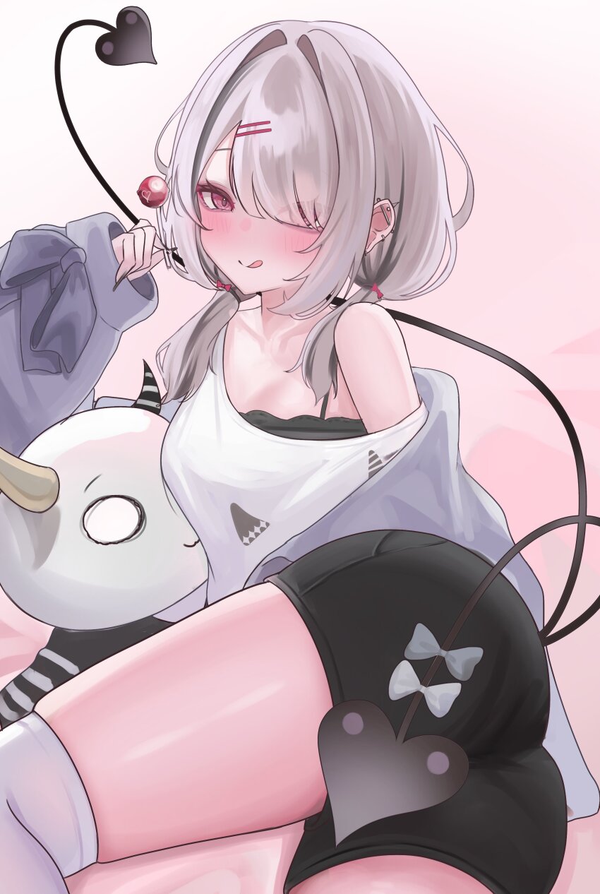 1girl, absurdres, asumi_sena, black_hair, black_shorts, breasts, commentary, eyes_visible_through_hair