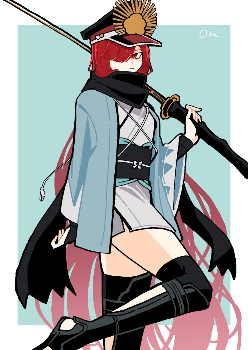 1girl, alternate_costume, black_hat, black_scarf, black_thighhighs, blue_background, blue_haori, border