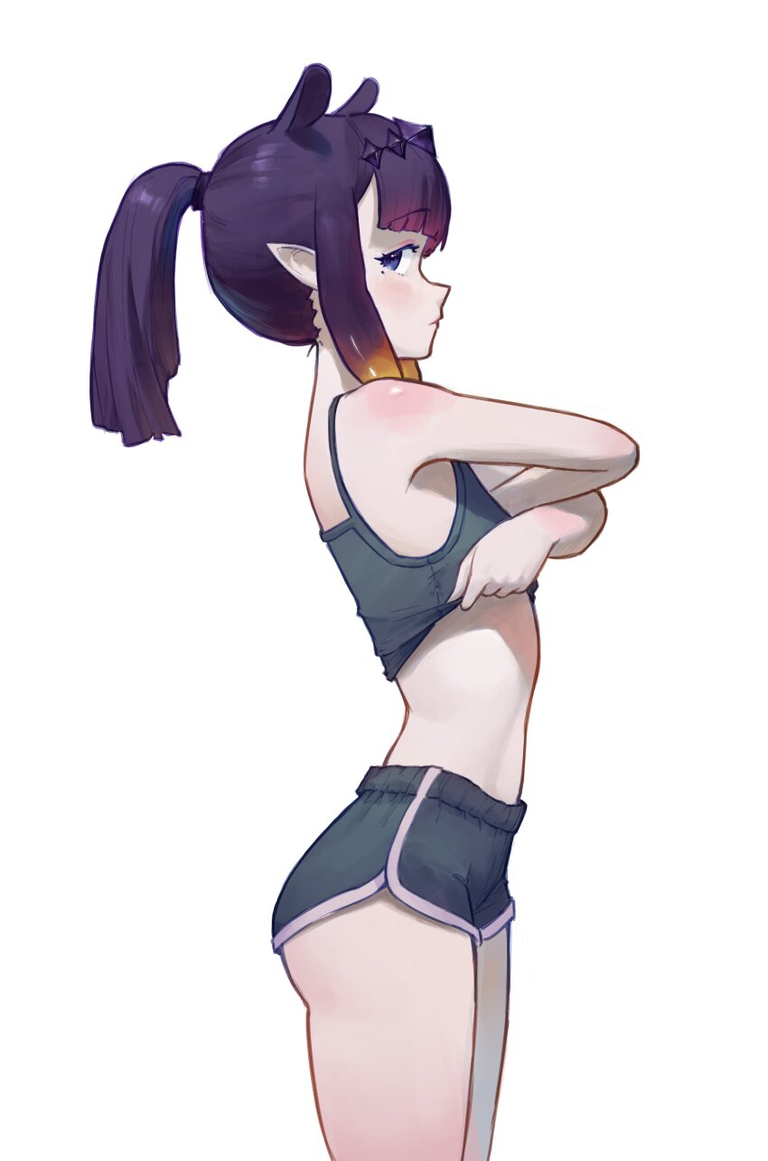 1girl, absurdres, ass, blue_eyes, bobsta01, breasts, camisole, dolphin_shorts, gradient_hair, grey_camisole, grey_shorts, hashtag-only_commentary, highres, hololive, hololive_english, multicolored_hair, ninomae_ina'nis, orange_hair, pointy_ears, ponytail, purple_hair, shorts, small_breasts, solo, tentacle_hair, undressing, virtual_youtuber